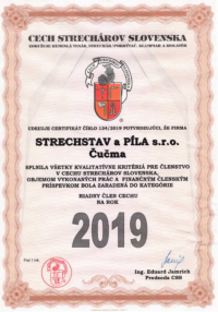 Certifikát - člen Cechu strechárov na rok 2019