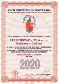 Certifikát - člen Cechu strechárov na rok 2020