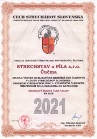 Certifikát - člen Cechu strechárov na rok 2021