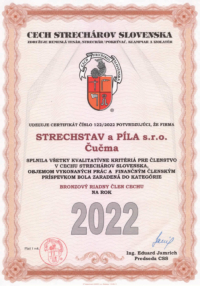 Certifikát - člen Cechu strechárov na rok 2022